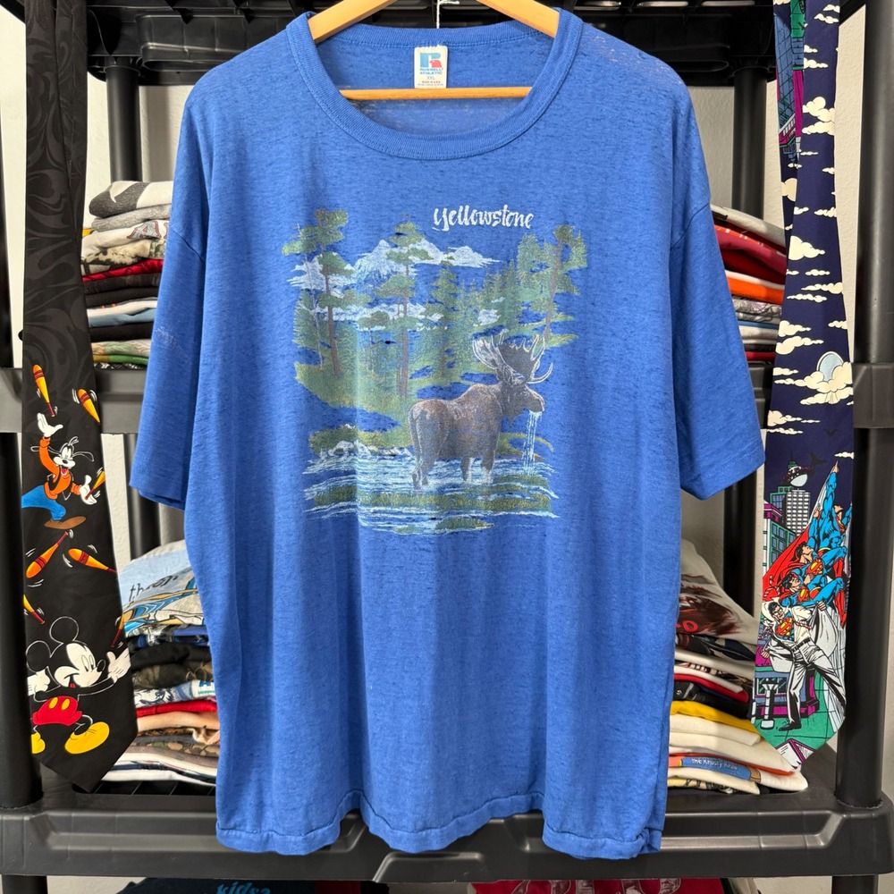 Vintage Blue Yellowstone National Park Moose Graphic Tee XXL Minor Thrashing